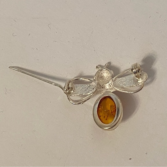 VINTAGE SIGNED CV BROOCH PIN STERLING SILVER AMBER STONE YELLOW ORANGE BEE - Picture 8 of 9